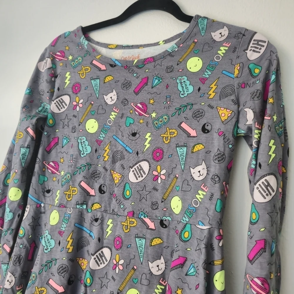 Cat And Jack Girls Skater Dress Cartoon Doodle Print Cotton Knit  XL (14/16)